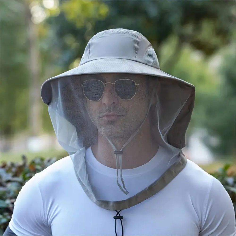 Belro breathable wide brim sun and mosquito protection hat with adjustable chin strap, lightweight and comfortable for outdoor wear.