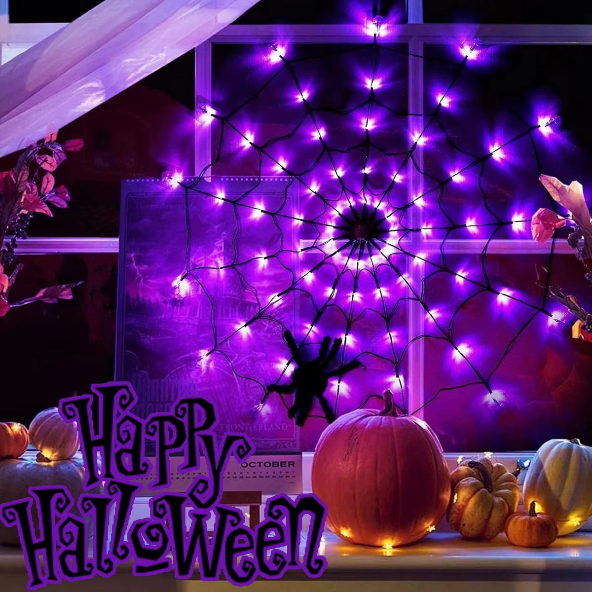 Belro Halloween spider web decoration with lights for outdoor home and garden Halloween decor, featuring web and illuminated accents.