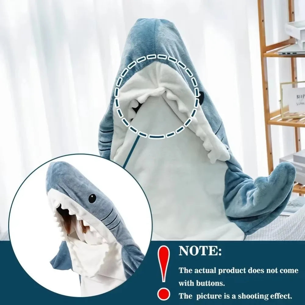 Belro soft flannel shark hoodie blanket worn as cozy sleepwear with shark design and hood, perfect for lounging or sleeping.
