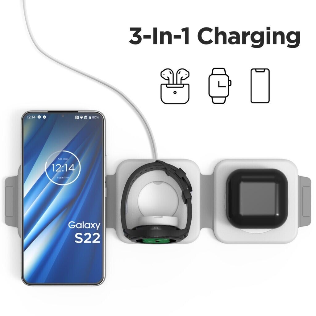Belro 3-in-1 travel charger with wireless charging pad, USB ports, and compact design for convenient portable power.