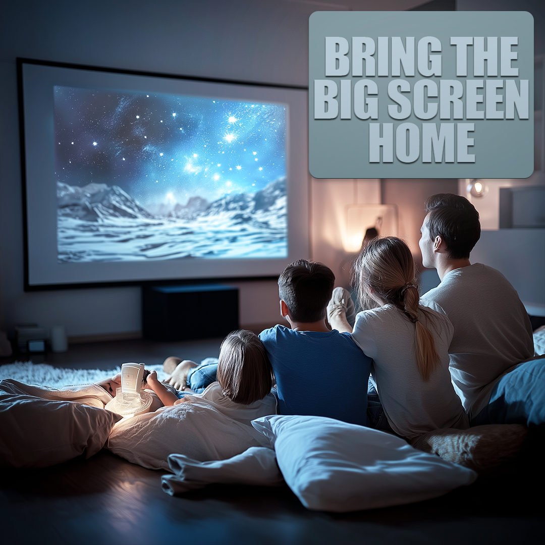Belro Mini Portable Projector in sleek design displaying Ultra HD image, perfect for home entertainment and outdoor viewing.