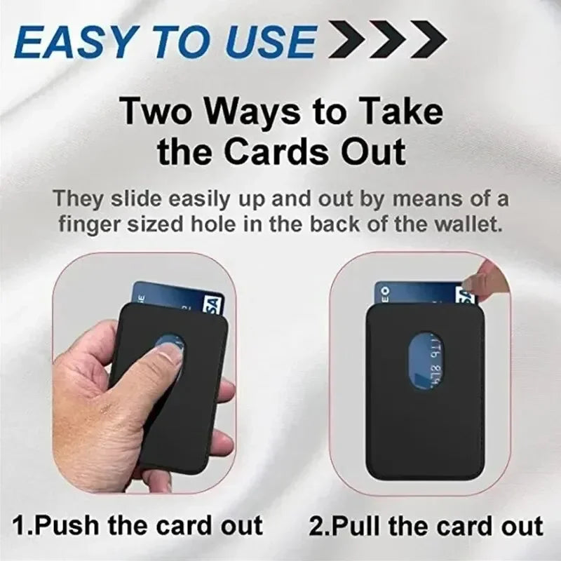 Belro magnetic leather card holder wallet attached to an iPhone, featuring multiple card slots and a sleek black leather finish.