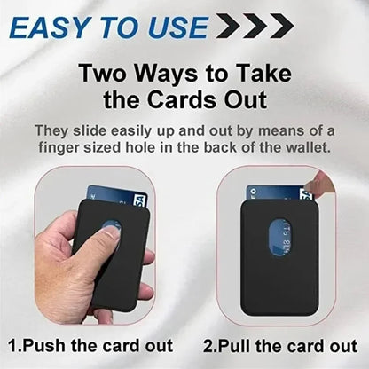 Belro magnetic leather card holder wallet attached to an iPhone, featuring multiple card slots and a sleek black leather finish.