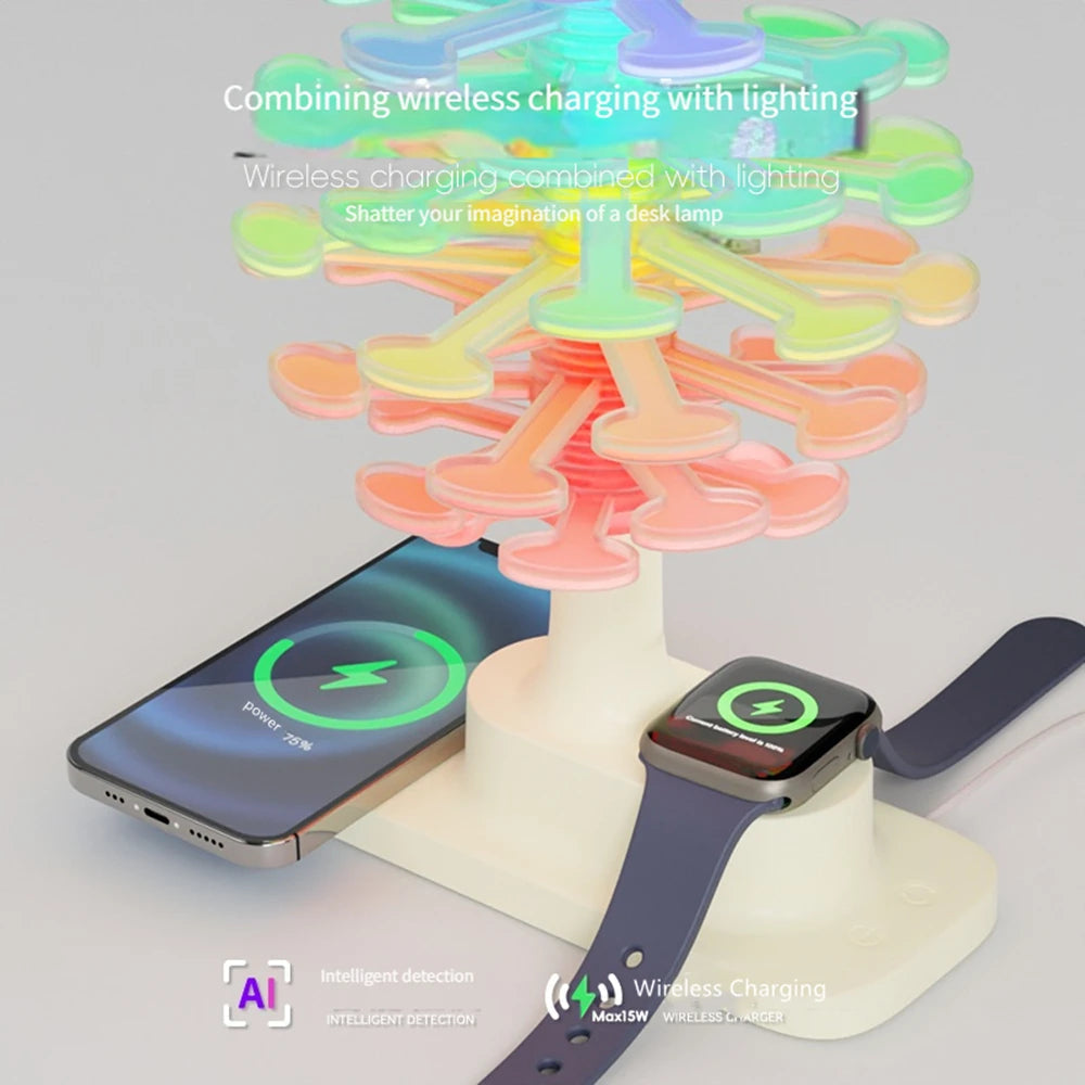 Belro spiral tree table lamp with integrated wireless charger, modern night light with a unique twisted design and soft illumination.