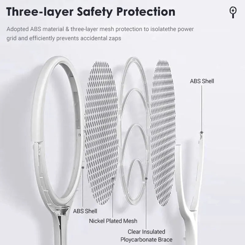 Belro 5-in-1 fast charging bug zapper racket with a black handle and mesh head for outdoor pest control in home and garden.