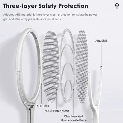 Belro 5-in-1 fast charging bug zapper racket with a black handle and mesh head for outdoor pest control in home and garden.