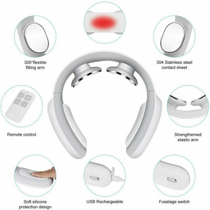 Belro Pulse & Heat Intelligent Neck Massager in black, showing its ergonomic design and control buttons for personal relaxation.