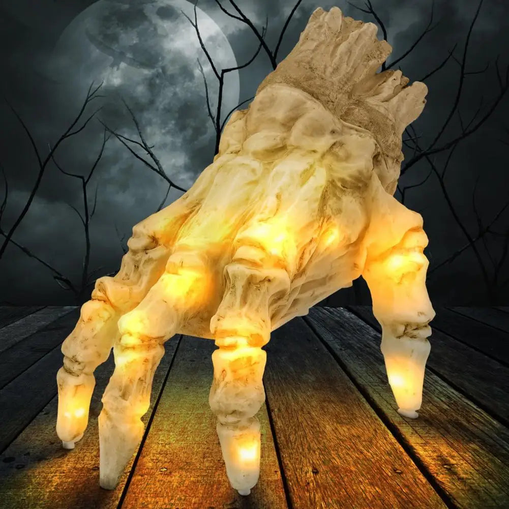 Belro crawling skeleton hand with lights and sound, designed for men's clothing, showing detailed skeleton hand with illuminated features.