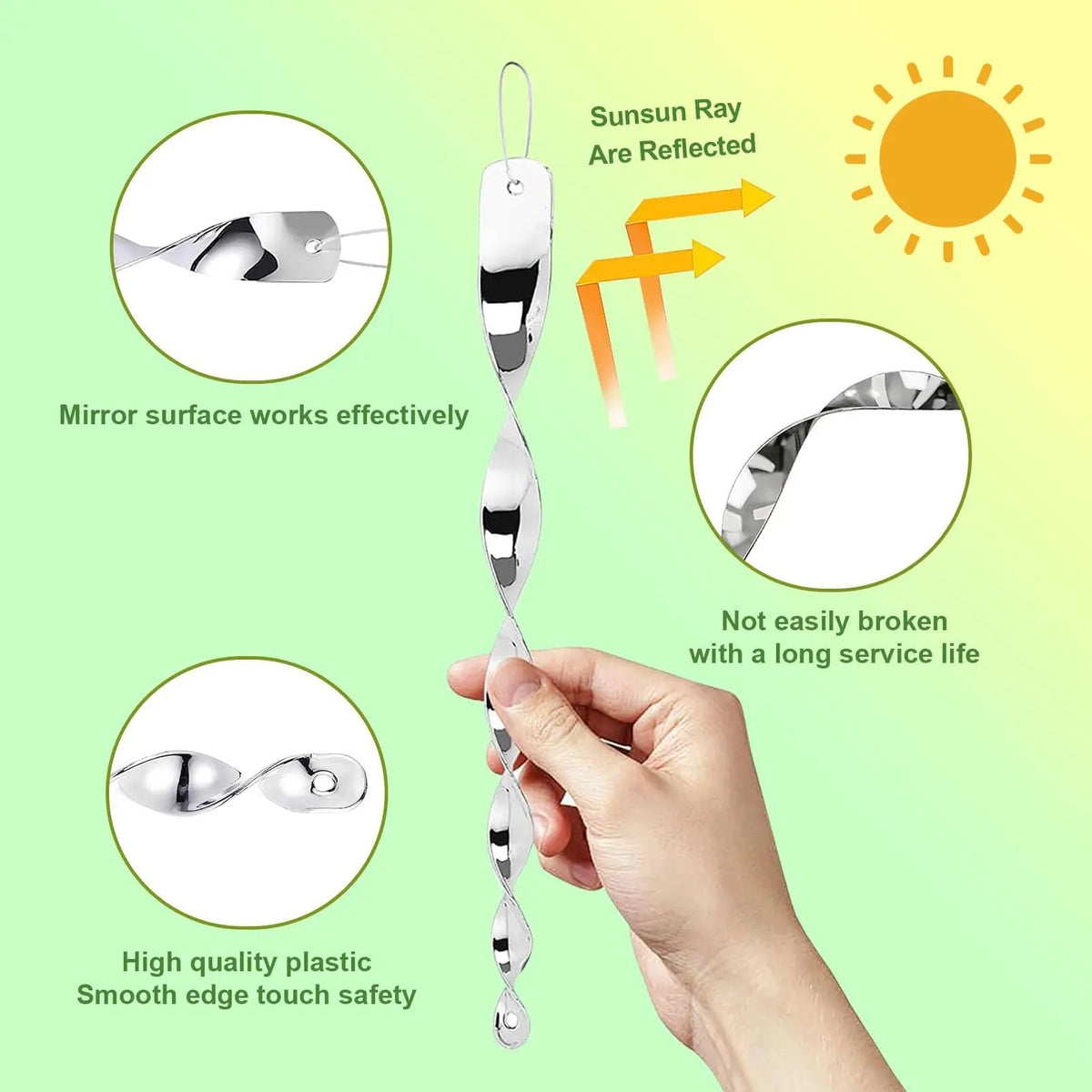 Belro reflective bird deterrent spiral rod for home and garden decor, designed to scare away birds with shiny, spiral metal features.