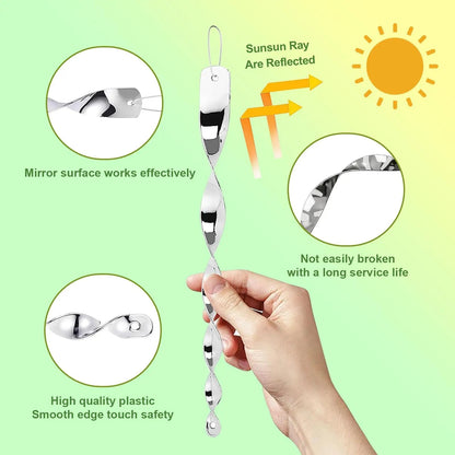 Belro reflective bird deterrent spiral rod for home and garden decor, designed to scare away birds with shiny, spiral metal features.