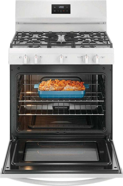 Casavibeo Frigidaire 30-inch gas range with four burners and oven, featuring a sleek white finish and control knobs.