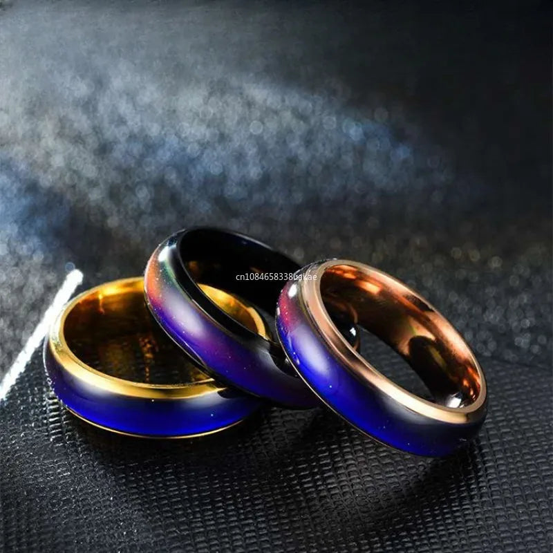 Belro stainless steel mood ring showing color-changing surface, worn as a fashionable jewelry accessory on a finger.