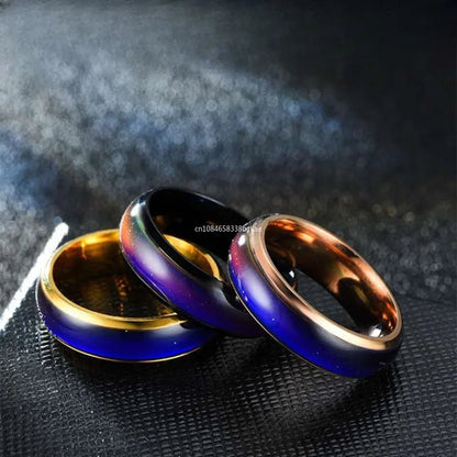 Belro stainless steel mood ring showing color-changing surface, worn as a fashionable jewelry accessory on a finger.