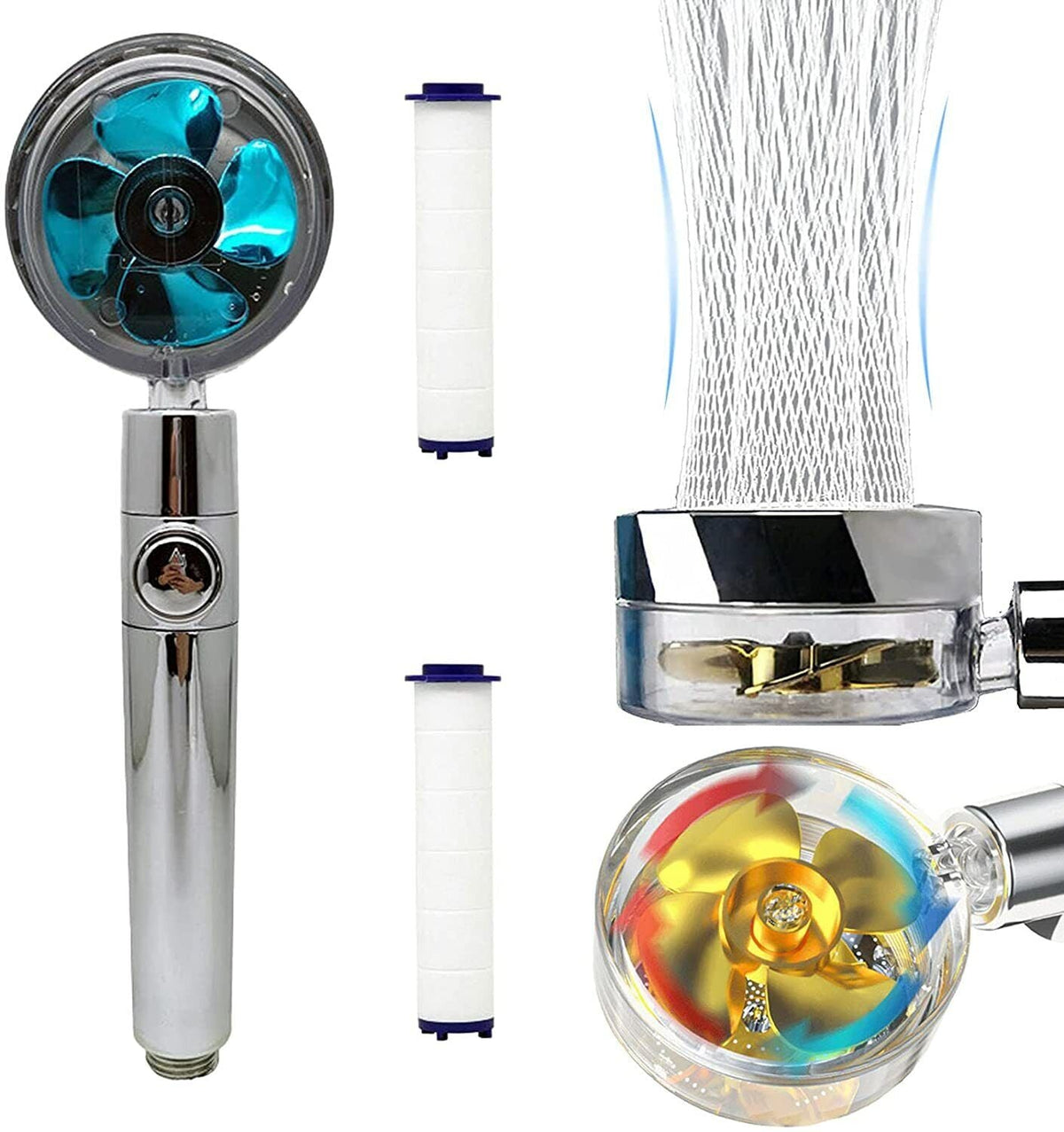 Belro Turbo Propeller Shower Head with multiple spray settings, chrome finish, and ergonomic handle for a refreshing shower experience.