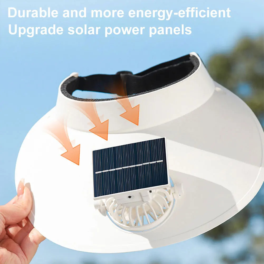 Belro sun visor hat with built-in cooling fan, lightweight outdoor accessory, adjustable strap, and wide brim for sun protection.