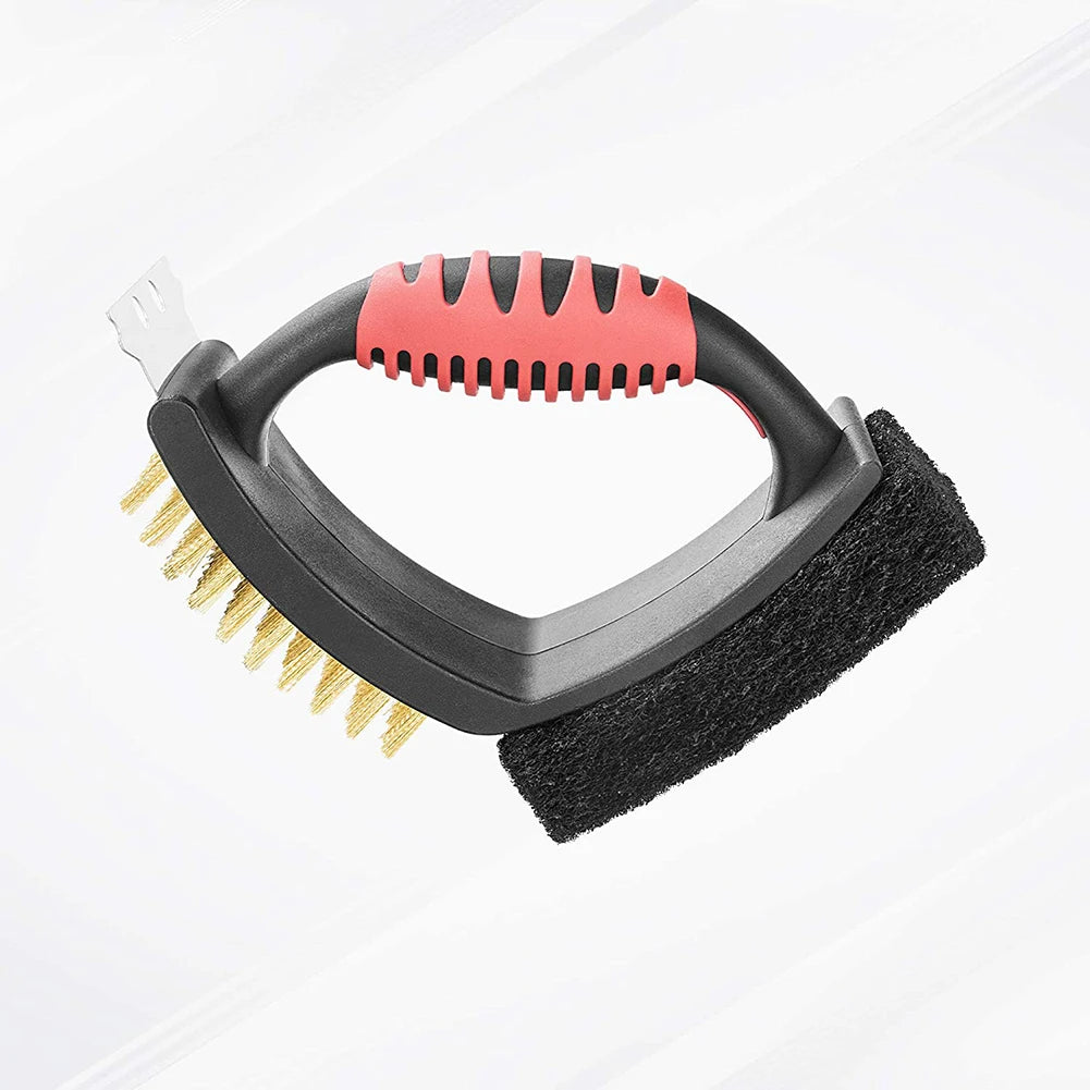 Belro 3-in-1 grill brush with brass bristles and scraper for cleaning barbecue grills and outdoor cooking surfaces.