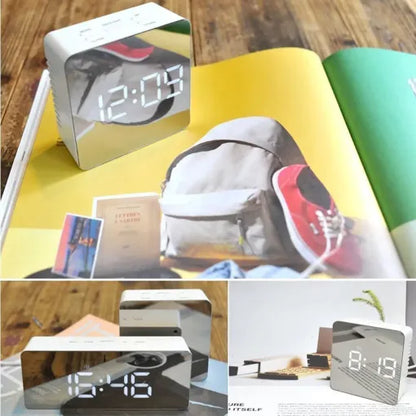 Belro digital alarm clock with smart mirror display, bedside nightlight, and modern desktop design for home decor and timekeeping.