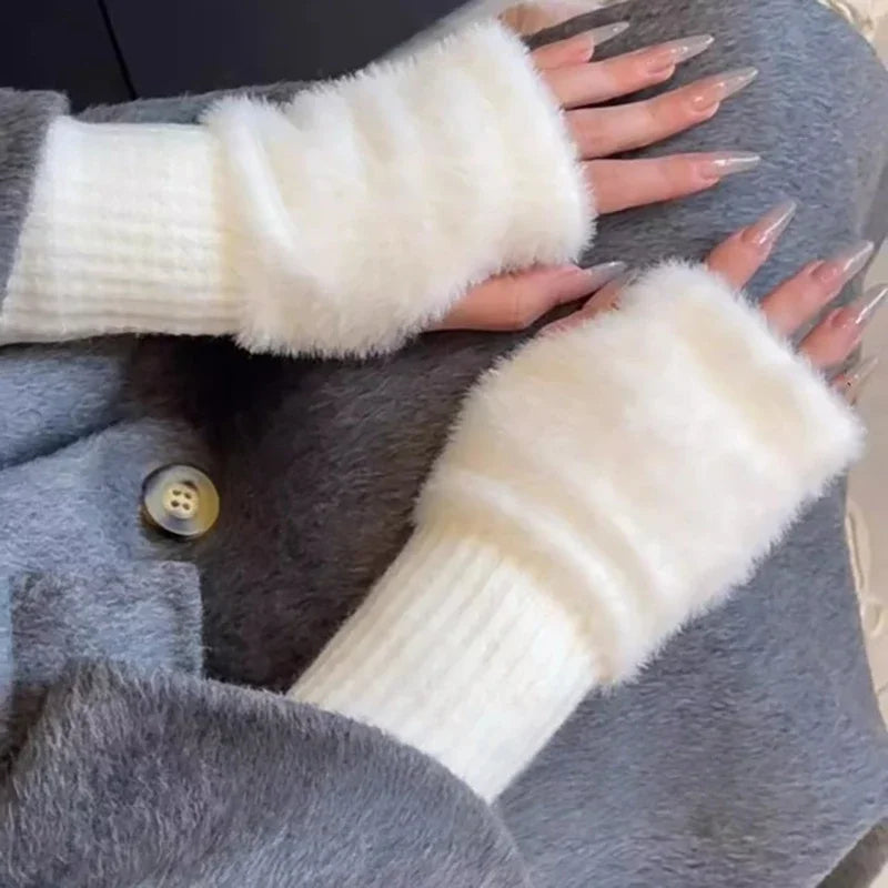 Belro plush cozy fingerless gloves for women, soft and warm clothing accessory, shown in a close-up image.