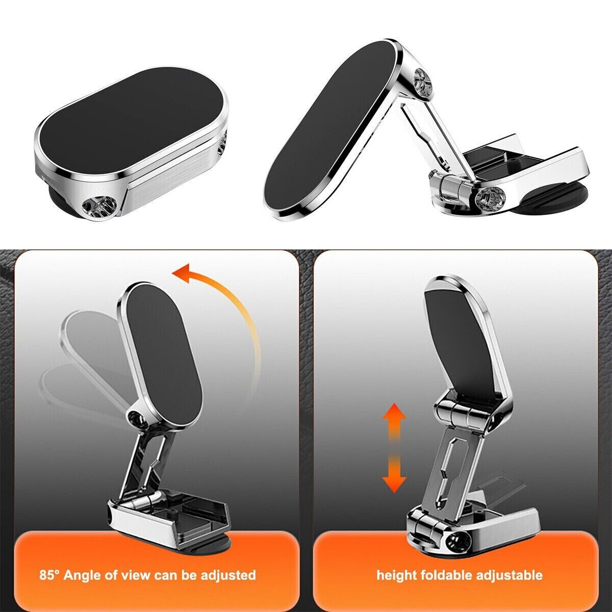 Belro folding magnetic car phone holder mounted on a dashboard, holding a smartphone securely in place.