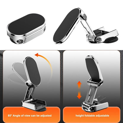 Belro folding magnetic car phone holder mounted on a dashboard, holding a smartphone securely in place.
