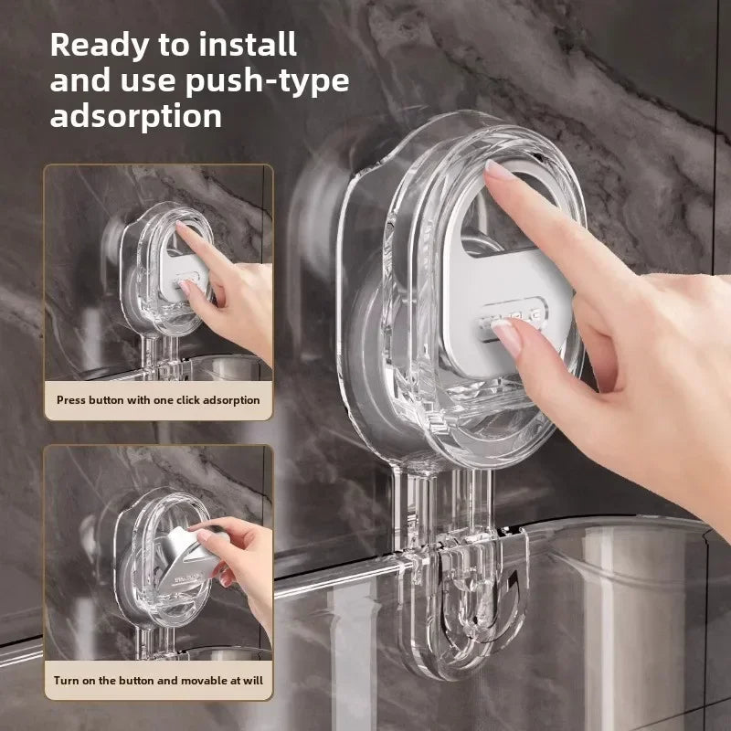 Belro multipurpose suction cup storage rack attached to a bathroom wall, holding toiletries and cleaning tools.