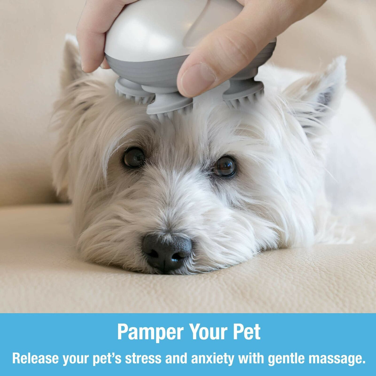 Belro pet massager for dogs, handheld grooming tool with soft massage heads for relaxing pet grooming sessions.