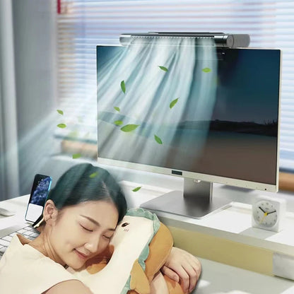 Belro USB bladeless fan and desktop air conditioner on a desk, compact electronic home appliance for cooling.
