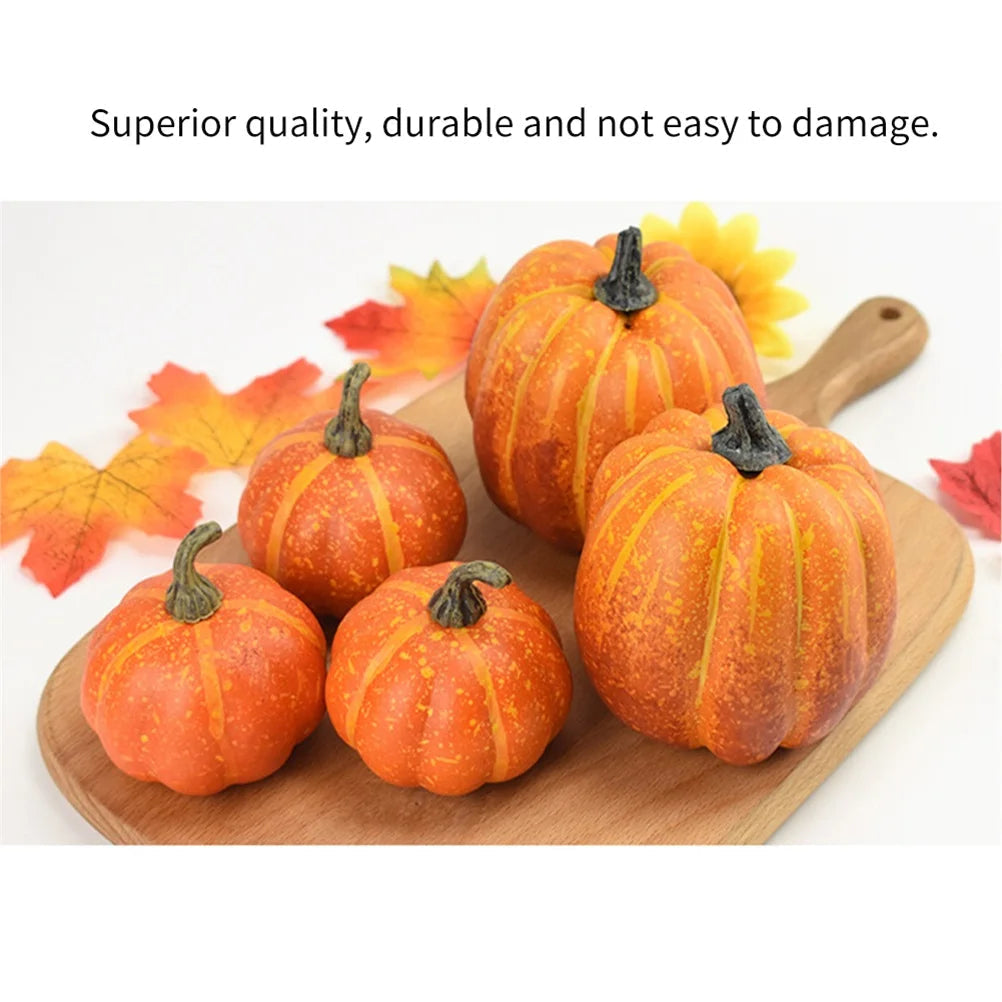 Three realistic fake pumpkins from Belro for Halloween home decor, featuring orange and green details on a neutral background.