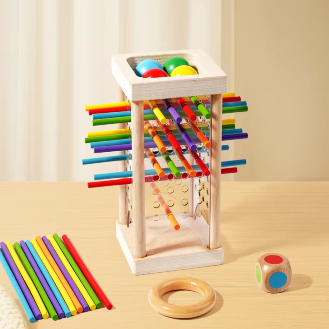Mivoza wooden stacking tower game with colorful rings and blocks, designed to develop fine motor skills for children ages 3+