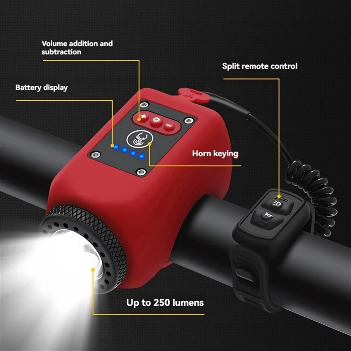 Belro electric bike horn and front light mounted on a bicycle for safety and visibility during outdoor cycling.