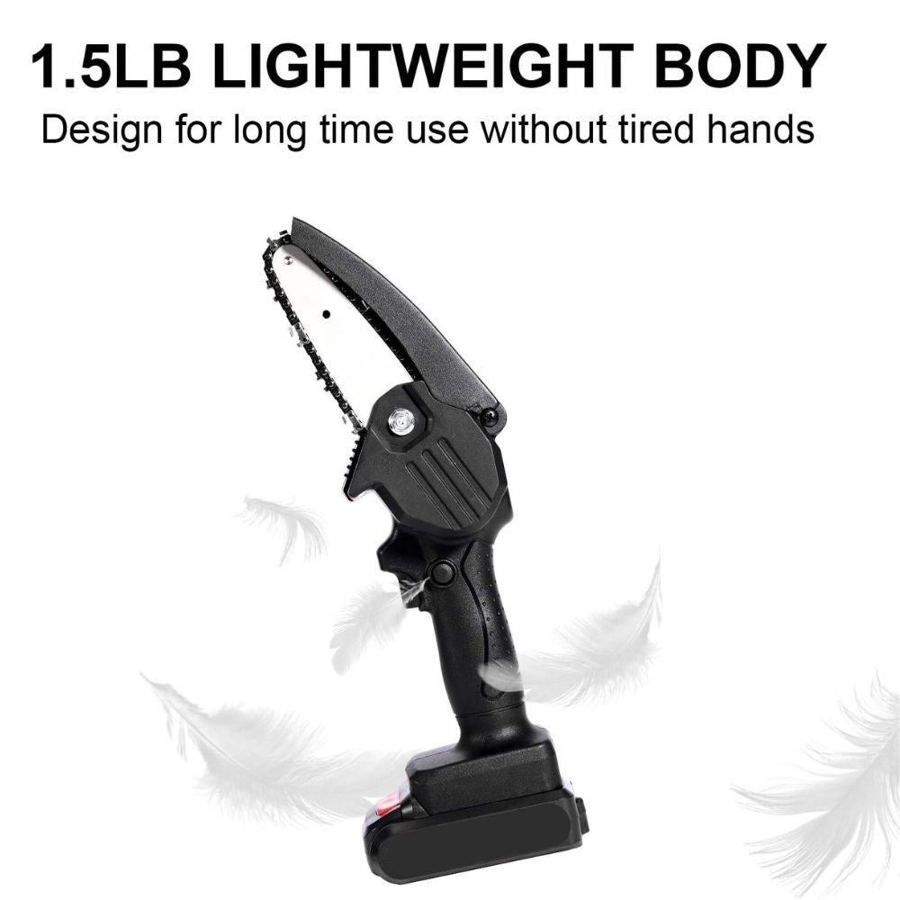 Belro upgraded 24V mini chainsaw for men, showing the compact power tool with a black and orange design and safety handle.