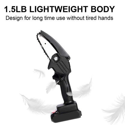 Belro upgraded 24V mini chainsaw for men, showing the compact power tool with a black and orange design and safety handle.