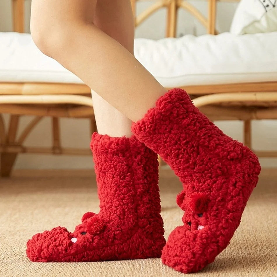 Belro kawaii bear fleece warm socks with cute bear face design, cozy and soft for comfortable winter wear.
