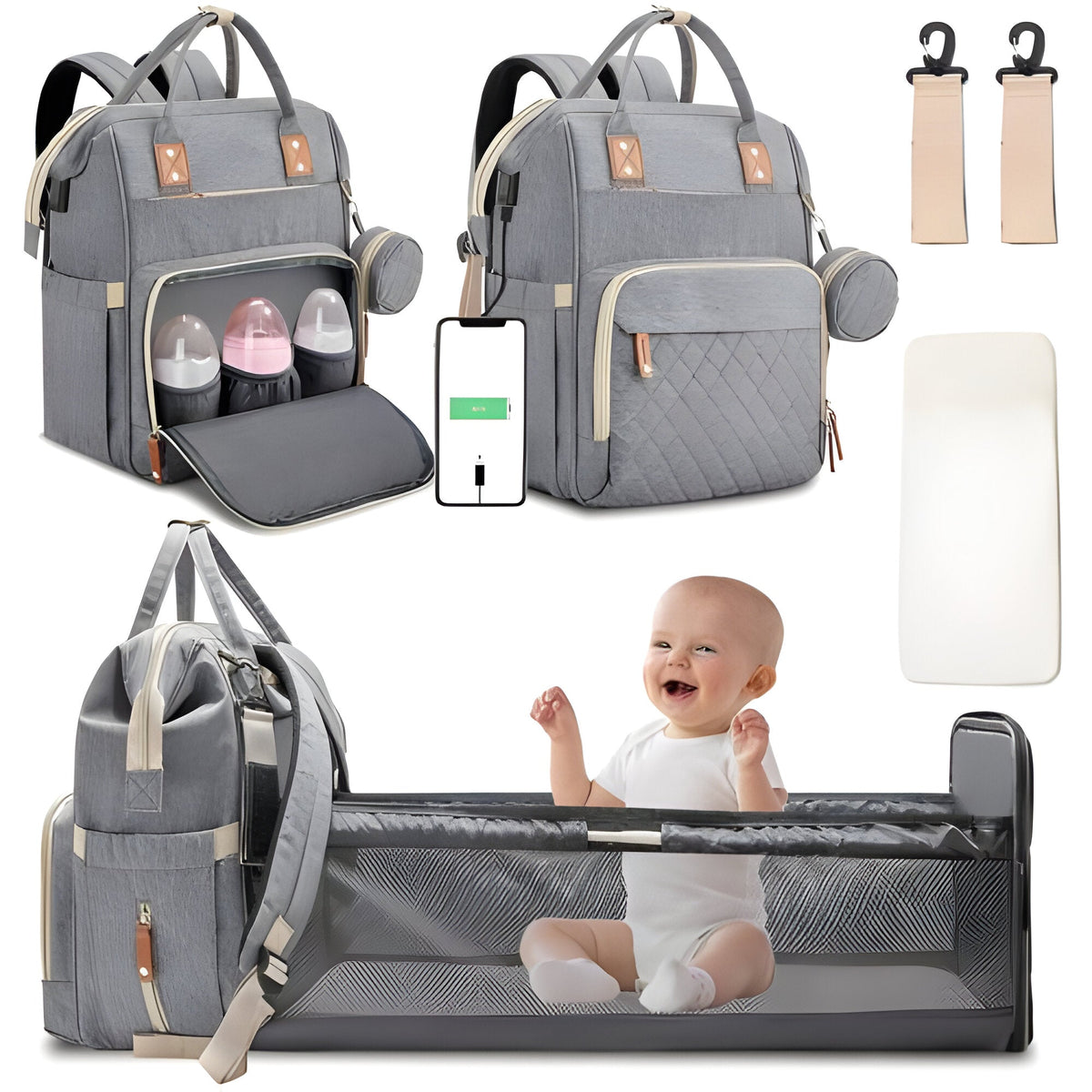 Belro changing bag with integrated travelling baby cot, stylish bag designed for parents on the go with convenient storage.