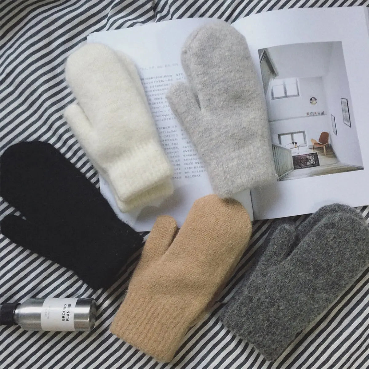 Belro women's cashmere knit mittens for winter, soft and cozy with a ribbed cuff, perfect for cold weather.