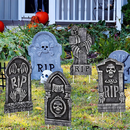 Belro Halloween tombstone gravestones with stakes for outdoor Halloween décor, featuring spooky design and realistic stone appearance.
