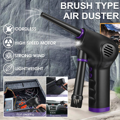 Belro cordless air duster in black and yellow, handheld electronics tool for cleaning dust from computers and electronic devices.