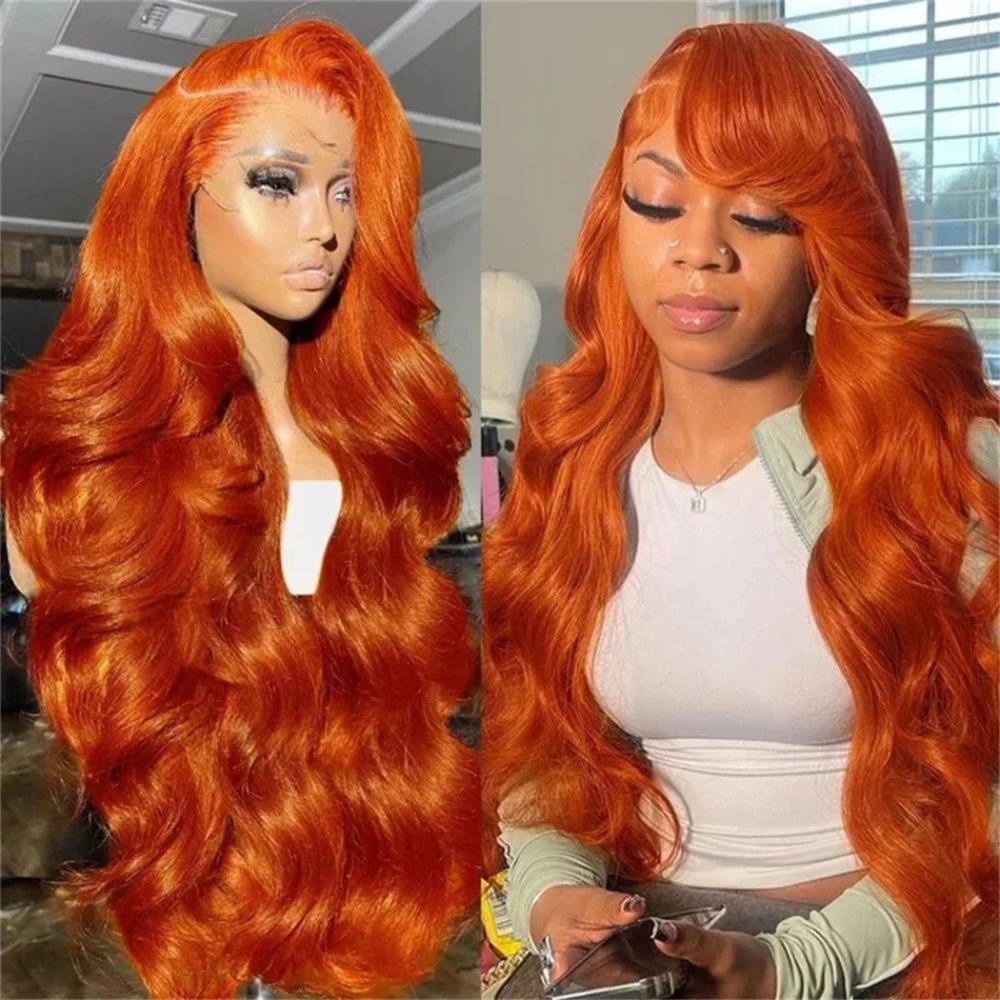 Long wavy orange ginger red lace front wig by Belro, styled with flowing waves and natural hairline for a bold, vibrant look.