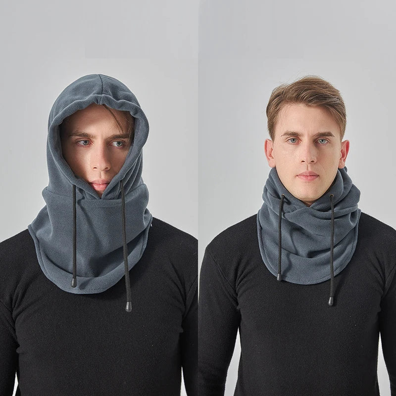 Belro polar fleece balaclava mask for winter, close-up of black fleece fabric covering face and head for cold weather protection.