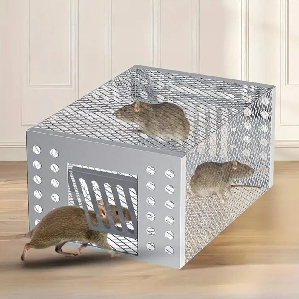 Reusable mouse trap cage with sliding door design by Belro, suitable for outdoor pest control in home and garden settings.