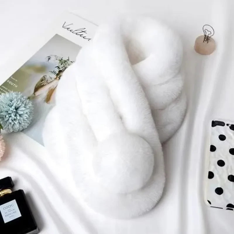 Belro plush faux fur winter scarf draped over a model, showcasing soft, cozy, and stylish winter clothing accessory.
