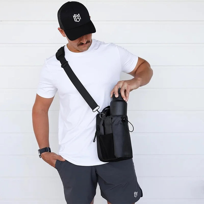Belro magnetic multi-way fitness water bottle bag with adjustable straps and multiple compartments for sports and travel.