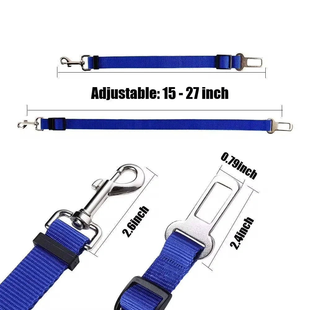 Belro adjustable dog seat belt attached to car seat, secure automotive safety harness for pets, durable and easy to use.