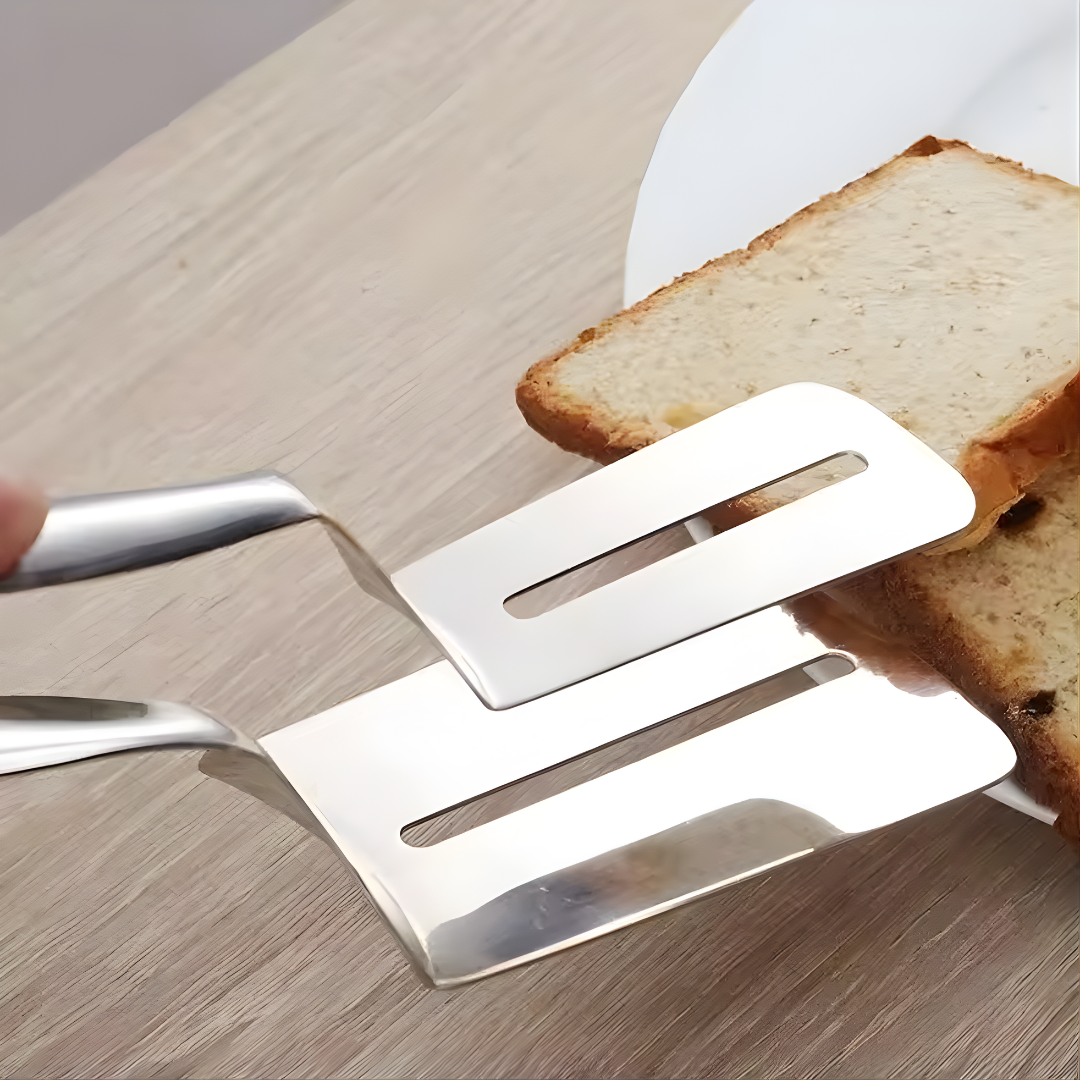 Mivoza stainless steel spatula tongs with a 2-in-1 design, perfect for flipping and gripping food in the kitchen.