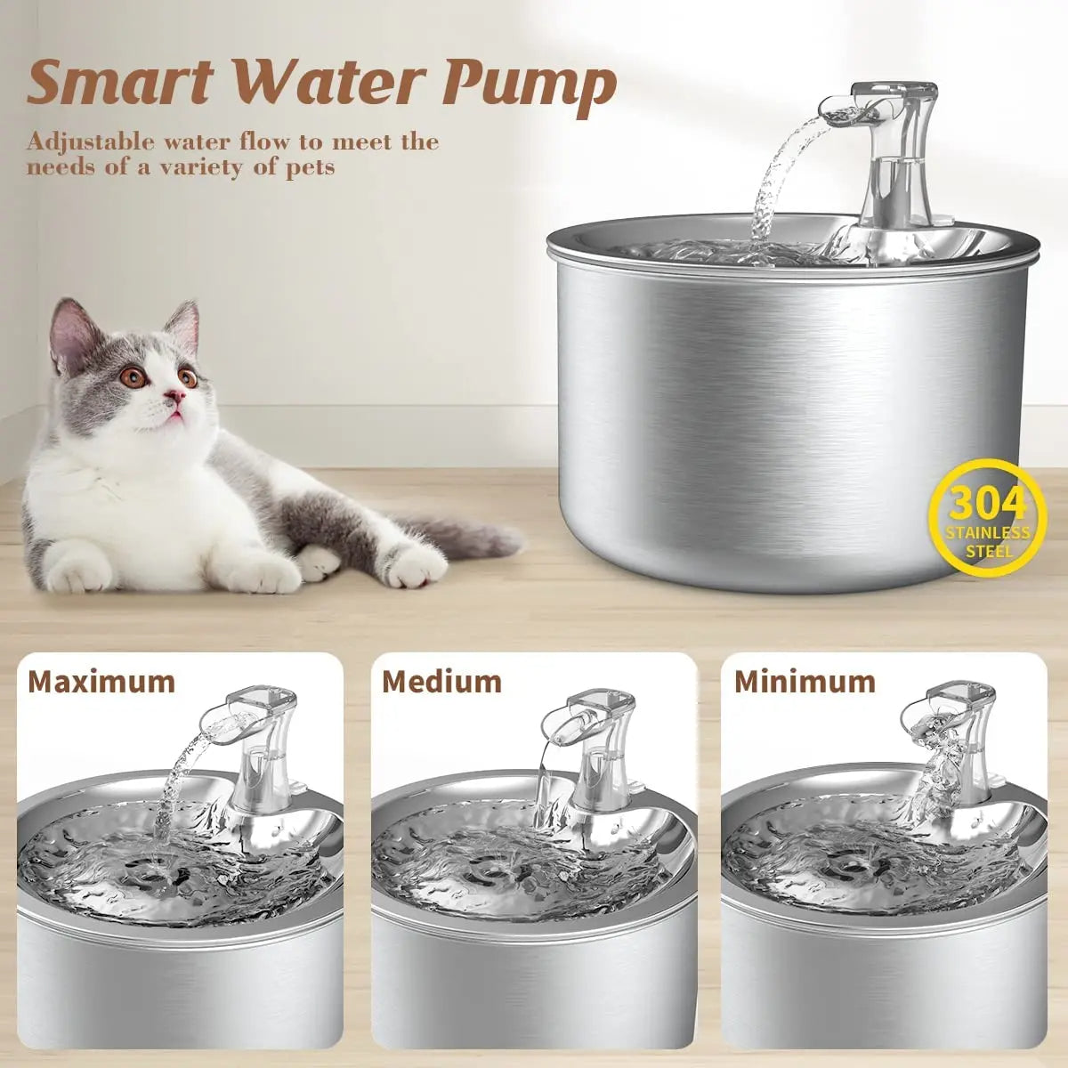 Belro stainless steel cat water fountain with filter and sensor, featuring flowing water and modern design for pet hydration needs.