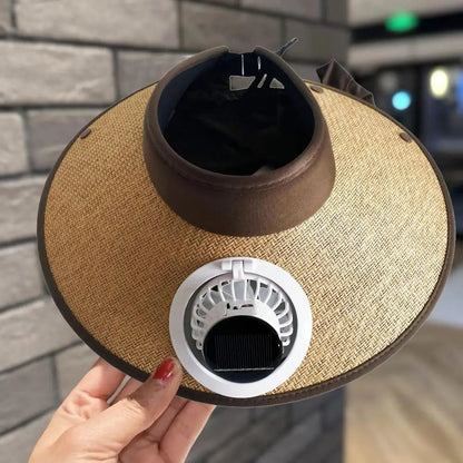 Belro wide brim sun hat with built-in solar powered fan, offers sun protection and cooling comfort for outdoor wear.