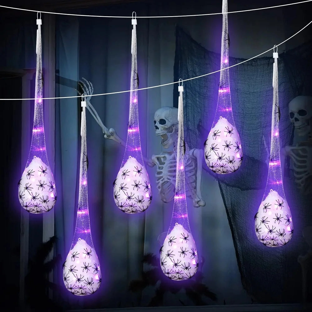 Belro Light Up Spider Egg Sacs Halloween hanging decoration for outdoor home and garden decor, featuring glowing spider egg sacs.