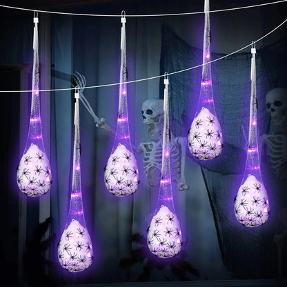 Belro Light Up Spider Egg Sacs Halloween hanging decoration for outdoor home and garden decor, featuring glowing spider egg sacs.