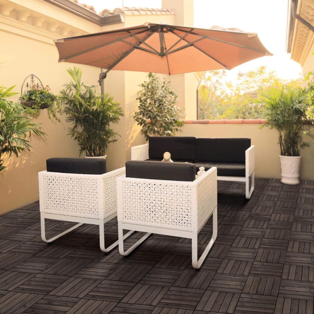 Belro interlocking outdoor patio wood deck tiles arranged in a garden setting, showcasing easy-to-install wood flooring for outdoor spaces.