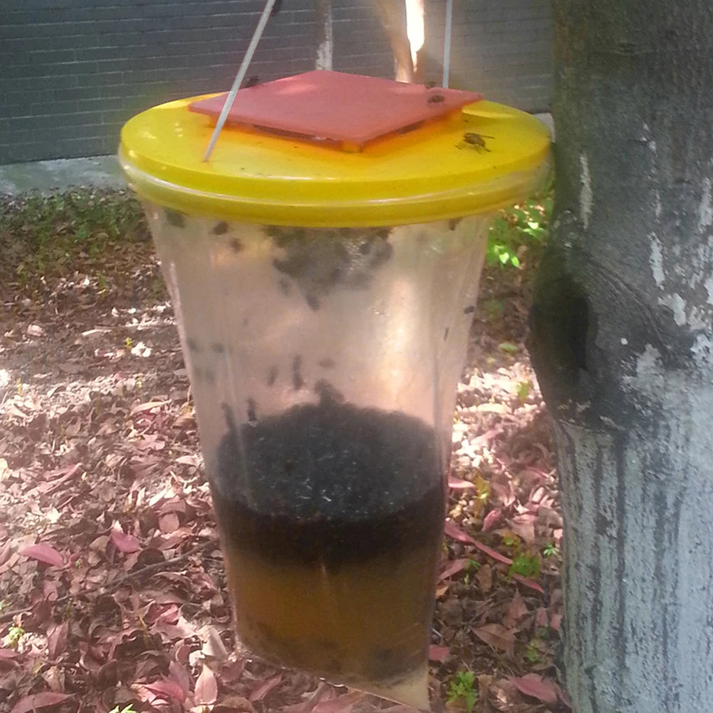 Belro eco-friendly disposable fly trap in outdoor garden setting, designed for pest control and easy disposal.